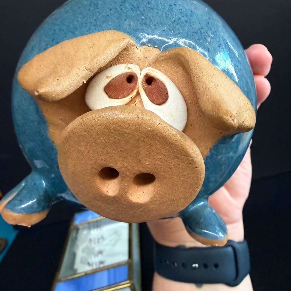 Vintage Piggy Bank with Cork Butt Blue Glazed ceramic Whimsical Pig Figurine - Picture 9 of 13